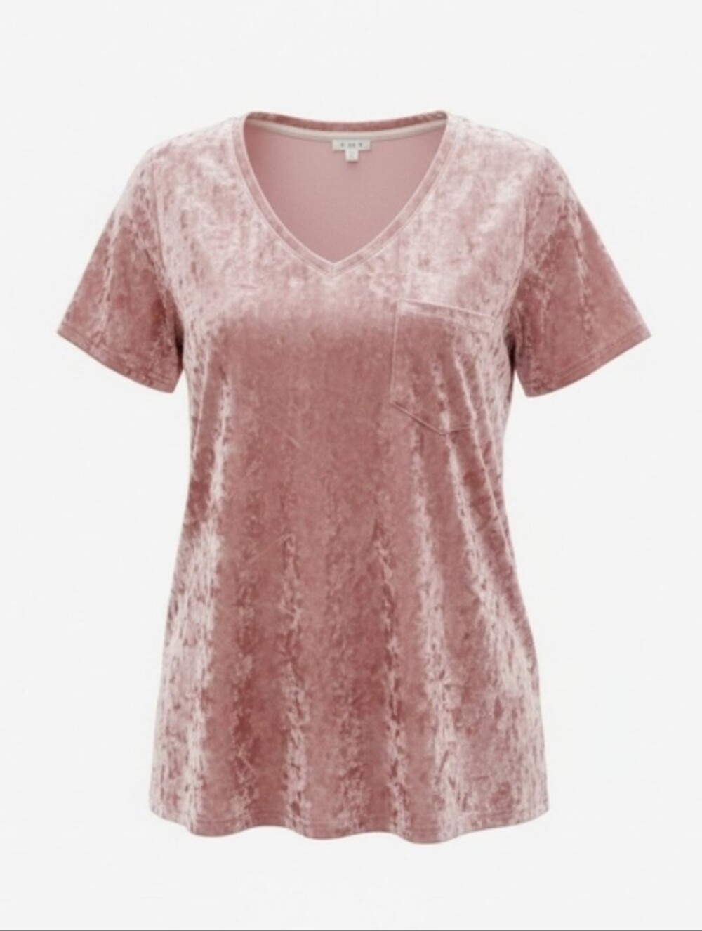 POL | Women's Rose Pink Crushed‎ Velvet V-Neck Tee – Front Pocket Velour Top | L